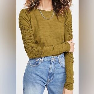 WE THE FREE Natasha Ruched Sleeve Long Sleeve Tee Olive Green XS